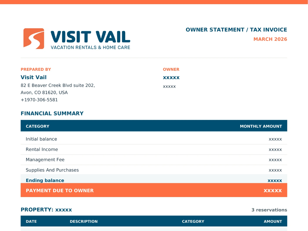Sample monthly owner statement from Visit Vail with rental income, management fee and expenses